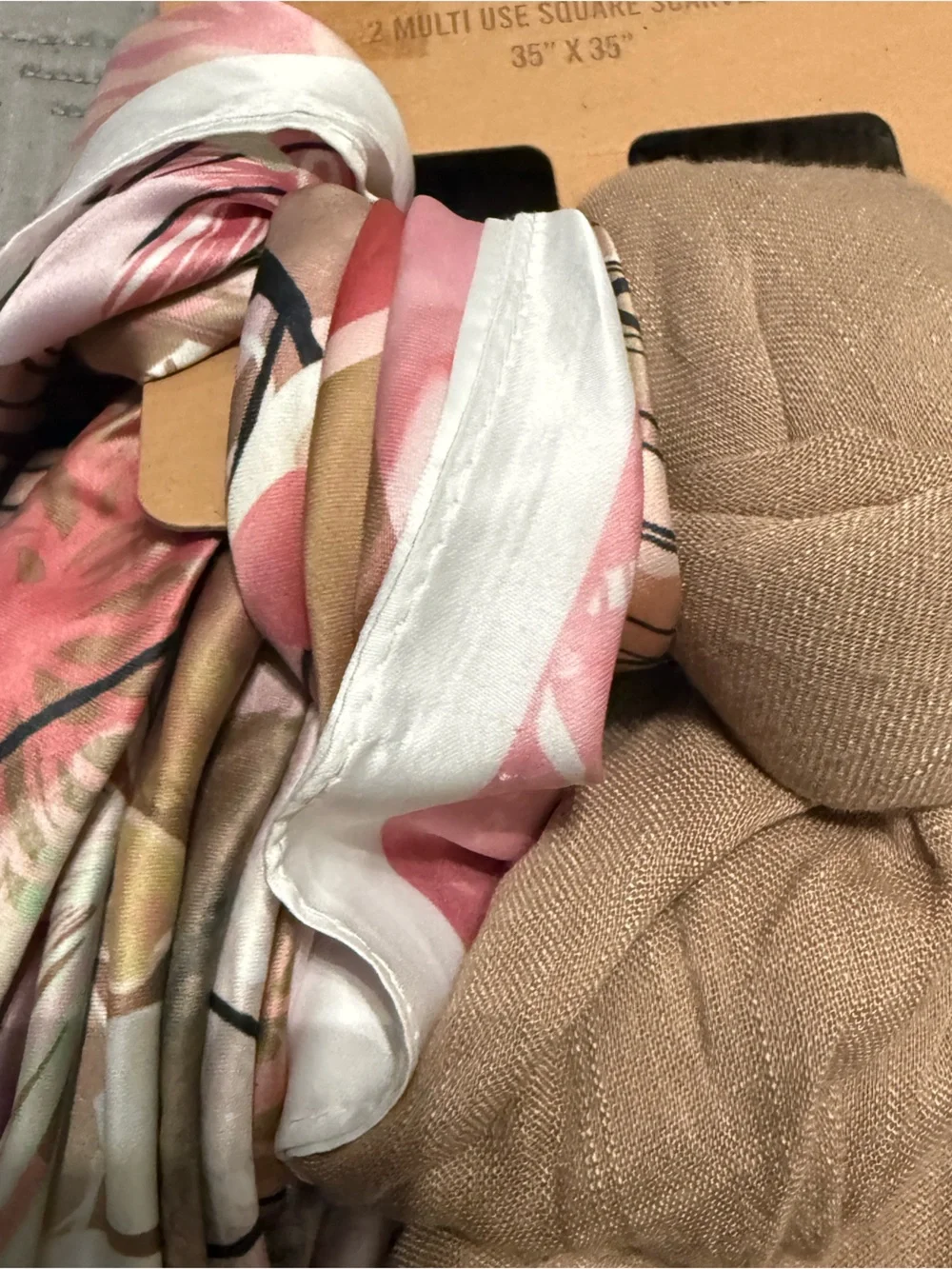 Steve Madden Pink Floral Satin and Beige Gauze Scarf Set. NWT